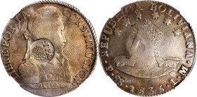 PHILIPPINES. Philippines - Bolivia. 8 Reales, ND (1834-37). Manila Mint. Isabel II. NGC EF Details--Cleaned; Countermark: AU Strong.
KM-100; Basso-56...