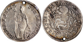 PHILIPPINES. Philippines - Peru. 8 Reales, ND (1834-37). Manila Mint. Isabel II. PCGS Genuine--Holed, VF Details; Countermark: EF Details.
KM-138.2. ...