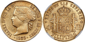 PHILIPPINES. 4 Pesos, 1868/58. Manila Mint. Isabel II. NGC AU-55.
Fr-1; KM-144. This charming example displays a pale golden coloration with remainin...