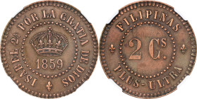 PHILIPPINES. Copper 2 Centavos Pattern, 1859. Paris Mint. Isabel II. NGC AU Details--Reverse Graffiti.
KM-Pn12; Basso-77. An interesting offering, th...