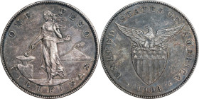 PHILIPPINES. Peso, 1903. Philadelphia Mint. PCGS AU-58.
KM-168; Allen-16.01. Displaying just a slight degree of wear across the high points, this ple...