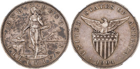 PHILIPPINES. Peso, 1904. Philadelphia Mint. NGC EF-40.
KM-168; Allen-16.03. Mintage: 11,000. Rather deeply toned and evenly handled, this crown remai...