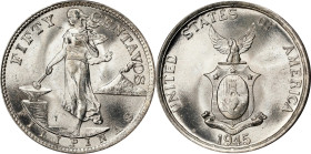 PHILIPPINES. 50 Centavos, 1945-S. San Francisco Mint. PCGS MS-66.
KM-183; Allen-15.02. A charming premium Gem, this minor delivers exceedingly pleasi...