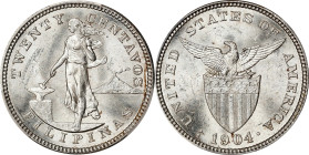 PHILIPPINES. 20 Centavos, 1904-S. San Francisco Mint. PCGS MS-63.
KM-166; Allen-10.04. This Choice Mint State example delivers a bright vivacity, wit...