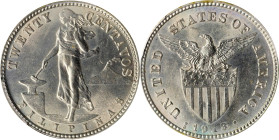 PHILIPPINES. 20 Centavos, 1918-S. San Francisco Mint. PCGS MS-63.
KM-170; Allen-11.14. This charming Choice Mint State exemplar delivers good eye app...