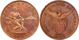 PHILIPPINES. Centavo, 1904. Philadelphia Mint. PCGS PROOF-64 Red Brown.
KM-163; Allen-2.02. Mintage: 1,355. This most pleasing Centavo delivers entic...