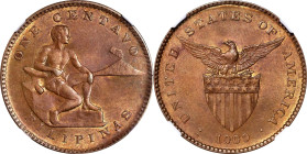 PHILIPPINES. Centavo, 1909-S. San Francisco Mint. NGC MS-64 Brown.
KM-163; Allen-2.07. On the cusp of Gem status, this example offers glossy brown su...