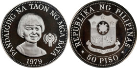 PHILIPPINES. 50 Pisos Piefort, 1979-FM. Franklin Mint. International Year of the Child. NGC PROOF-68 Ultra Cameo.
KM-P1. Mintage: Unknown. Medal alig...