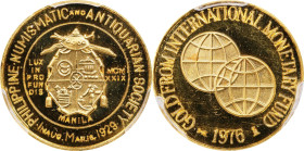 PHILIPPINES. Numismatic and Antiquarian Society Gold Medal, 1976. Manila Mint. PCGS SPECIMEN-68.
Diameter: 18mm; Weight: 3.09 gms. Struck from gold e...