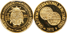 PHILIPPINES. Numismatic and Antiquarian Society Gold Medal, 1976. Manila Mint. PCGS SPECIMEN-66.
Diameter: 18mm; Weight: 3.15 gms. Struck from gold e...