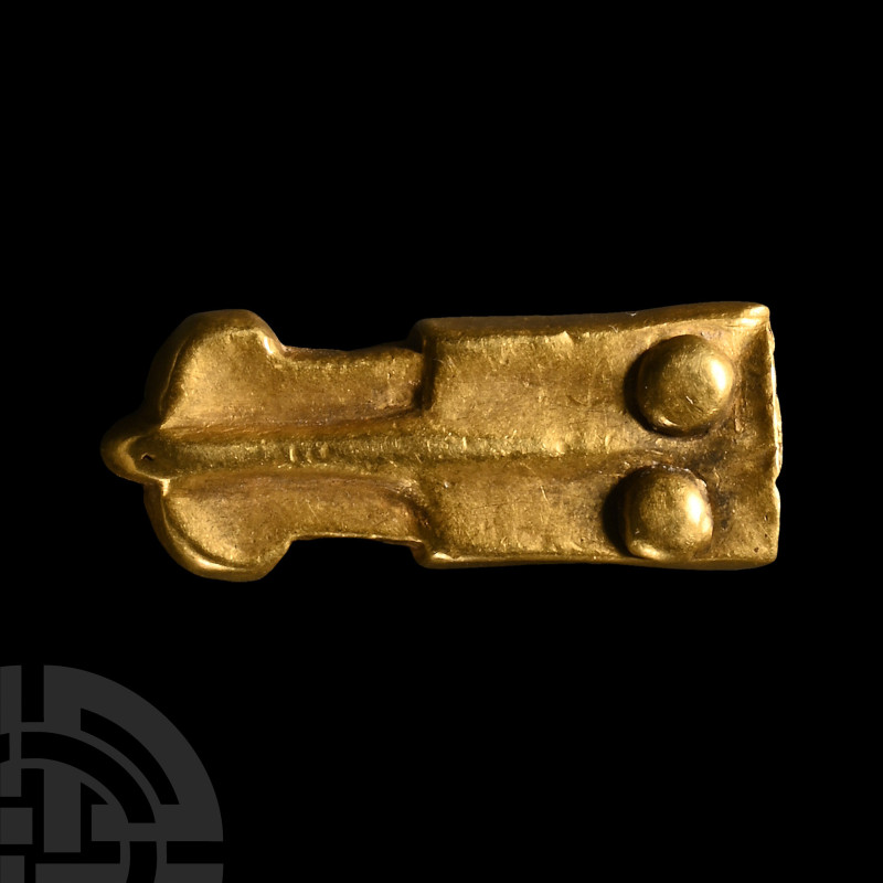 Circa 1500 A.D. Hollow-formed with a tongue-shaped finial, two attachment studs ...