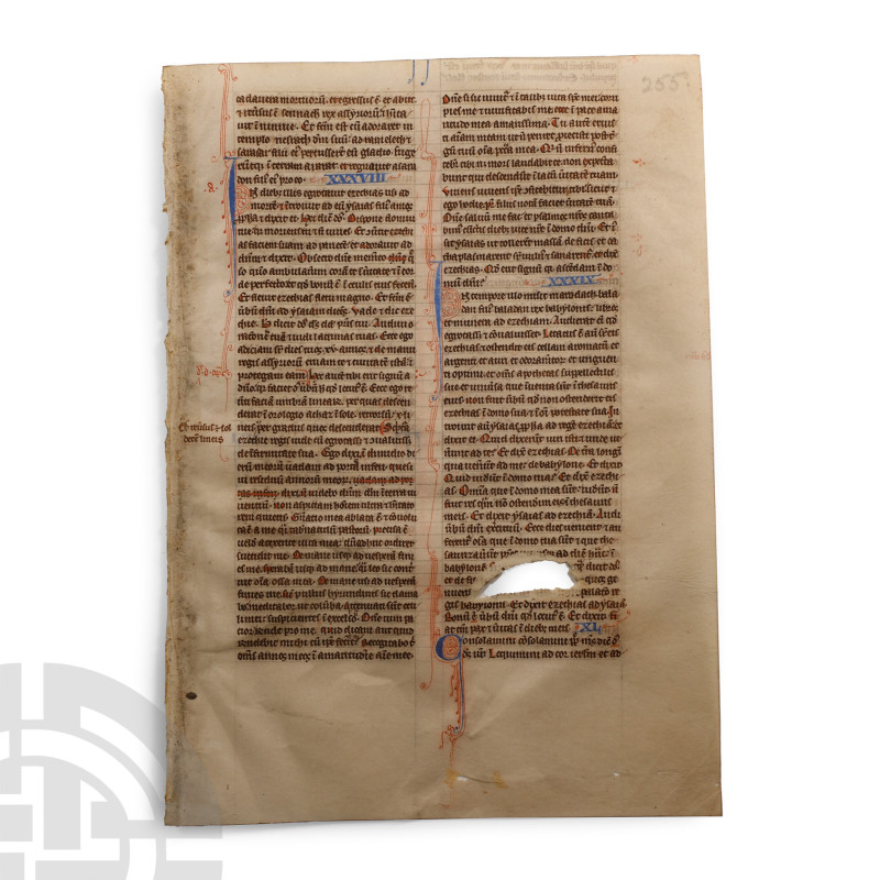 13th century A.D. A finely written bifacial leaf illuminated in red and blue; tw...