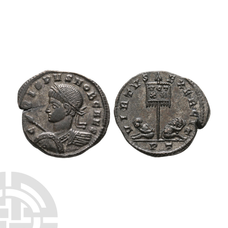 319-320 A.D. Ticinum mint. Obv: CRISPVS NOB CAES, laureate and cuirassed bust le...