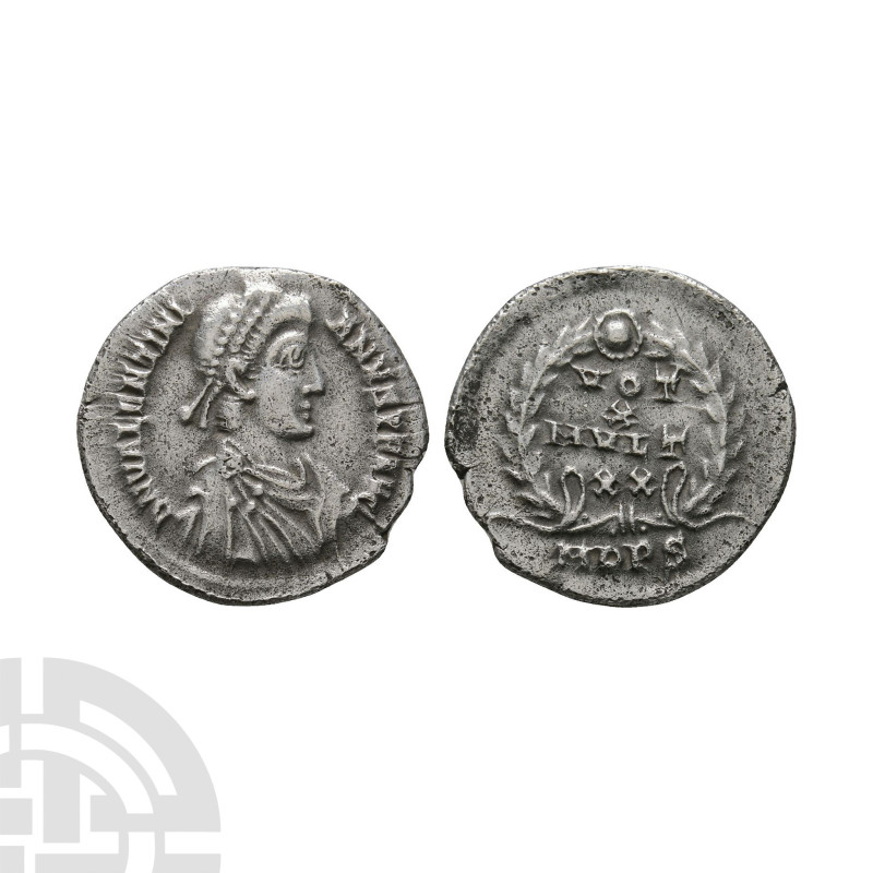 383-388 A.D. Milan mint. Obv: DN VALENTINI-ANVS PF AVG, pearl-diademed, draped, ...
