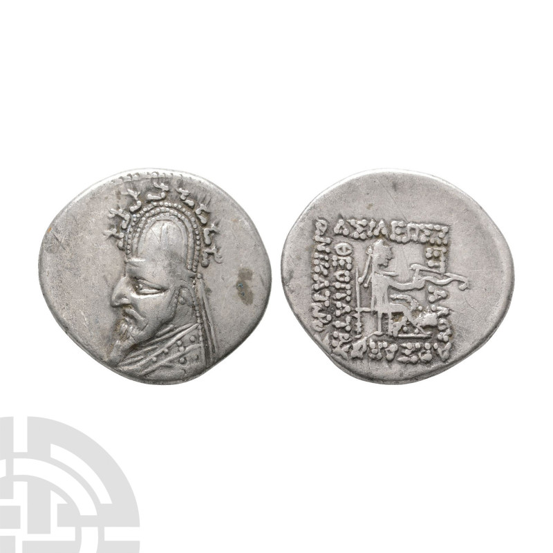 95-68 B.C. Obv: diademed and bust left, wearing tiara. Rev: archer (Arsakes I) s...