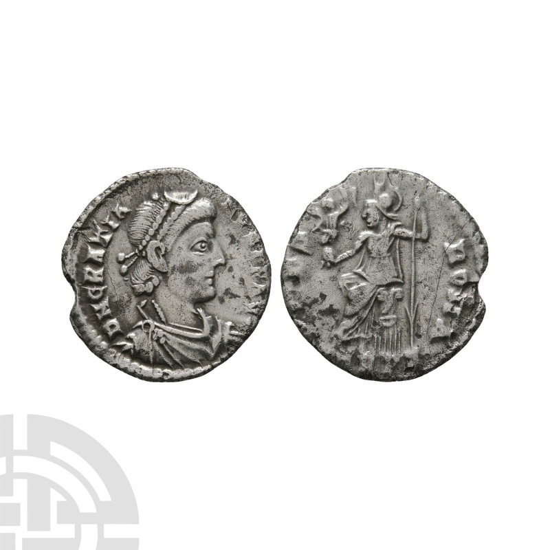 367-383 A.D. Obv: DN GRATIA-NVS PF AVG, pearl-diademed, draped and cuirassed bus...