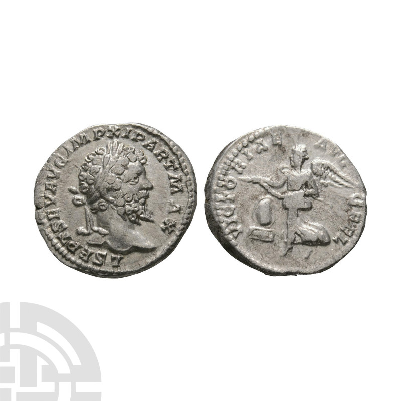 199 A.D. Obv: L SEPT SEV AVG IMP XI PART MAX, laureate head right. Rev: VICTORIA...