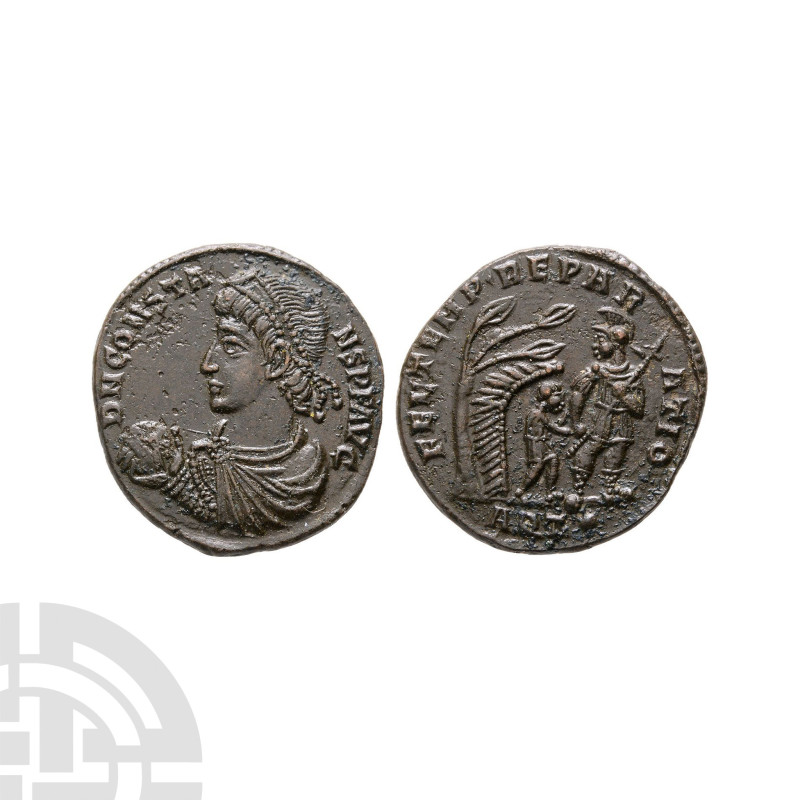 337-350 A.D. Aquileia mint. Obv: D N CONSTA-NS P F AVG, pearl-diademed, draped, ...