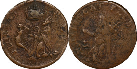Undated (ca. 1652-1674) St. Patrick Farthing. Martin 1b.8-Da.11, W-11500. Rarity-7-. Copper. Nothing Below King. VF-20 (PCGS).
95.6 grains.
PCGS# 91...
