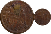 Undated (ca. 1652-1674) St. Patrick Farthing. Martin 1c.12-Da.4, W-11500. Rarity-6+. Copper. Nothing Below King. VF-35 (PCGS).
88.0 grains.
PCGS# 91...