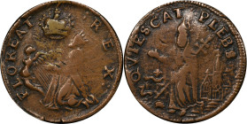 Undated (ca. 1652-1674) St. Patrick Farthing. Martin 1c.23-Ba.9, W-11500. Rarity-7+. Copper. Nothing Below King. VF-30 (PCGS).
81.4 grains.
PCGS# 91...