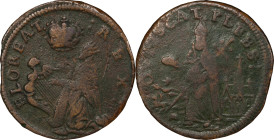 Undated (ca. 1652-1674) St. Patrick Farthing. Martin 1c.28-Da.9, W-11500. Rarity-6+. Copper. Nothing Below King. VF Details--Environmental Damage (PCG...