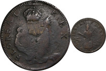 Undated (ca. 1652-1674) St. Patrick Farthing. Martin 1d.3-Ca.1, W-11500. Rarity-8. Copper. Nothing Below King. Fine Details--Environmental Damage (PCG...