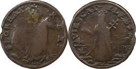 Undated (ca. 1652-1674) St. Patrick Farthing. Martin 2b.4-Fc.19, W-11500. Rarity-7. Copper. Sea Beasts Below King. VG-8 (PCGS).
69.2 grains.
PCGS# 9...