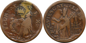 Undated (ca. 1652-1674) St. Patrick Farthing. Martin 3c.2-Fb.2, W-11500. Rarity-6. Copper. Sea Beasts Below King, Masonic Punctuation. VF-25 (PCGS).
...