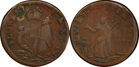 Undated (ca. 1652-1674) St. Patrick Farthing. Martin 3d.2-Db.1, W-11500. Rarity-6. Copper. Sea Beasts Below King, Masonic Punctuation. VF-35 (PCGS).
...