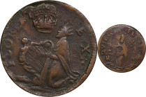 Undated (ca. 1652-1674) St. Patrick Farthing. Martin 3g.4-Fc.6, W-11500. Rarity-6+. Copper. Sea Beasts Below King, Masonic Punctuation. VF-35 (PCGS)....