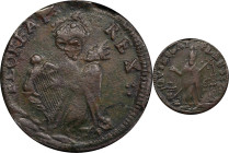 Undated (ca. 1652-1674) St. Patrick Farthing. Martin 3i.2-Db.1, W-11500. Rarity-8. Copper. Sea Beasts Below King, Masonic Punctuation. AU-50 (PCGS).
...