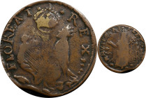 Undated (ca. 1652-1674) St. Patrick Farthing. Martin 4c.2-Ge.4, W-11500. Rarity-7-. Copper. Sea Beasts Below King, Stars in Legend. Fine-15 (PCGS).
7...