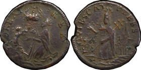 Undated (ca. 1652-1674) St. Patrick Farthing. Martin 4g.2-Fc.12, W-11500. Rarity-7. Copper. Sea Beasts Below King, Stars in Legend. EF Details--Enviro...