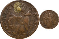 Undated (ca. 1652-1674) St. Patrick Farthing. Martin 4n.1-Gh.2, W-11500. Rarity-7. Copper. Sea Beasts Below King, Stars in Legend. VF-30 (PCGS).
90.0...