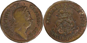 1723 Rosa Americana Penny. Martin 2.21-Ea.3, W-1278. Rarity-4. Fine Details--Bent (PCGS).
124.7 grains.
PCGS# 905671. NGC ID: 2ASR.
From the Sydney...
