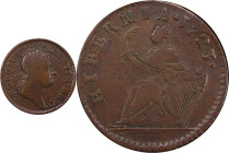 1723 Wood's Hibernia Farthing. Martin 3.4-Bc.6, W-12350. Rarity-5. DEI. GRATIA. REX. Fine Details--Bent (PCGS).
58.8 grains.
PCGS# 921473. NGC ID: F...