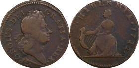 1722 Wood's Hibernia Halfpenny. Martin 3.1-Bb.3, W-12690. Rarity-5. First Type, Harp at Left. Fine-12 (PCGS).
102.0 grains.
PCGS# 921392. NGC ID: F7...