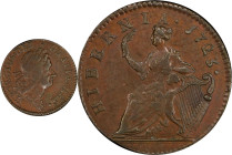 1723 Wood's Hibernia Halfpenny. Martin 4.26-Gd.2, W-13570. Rarity-3. EF-45 (PCGS).
106.58 grains.
PCGS# 920836. NGC ID: F7J4.
From the Sydney F. Ma...
