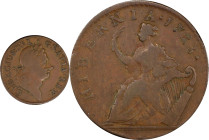 1723 Wood's Hibernia Halfpenny. Martin 4.38-Gc.25, W-131210. Rarity-4. VF-20 (PCGS).
113.3 grains.
PCGS# 921513. NGC ID: F7J4.
From the Sydney F. M...