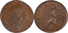 1723 Wood's Hibernia Halfpenny. Martin 4.59-Gc.4, W-13120. Rarity-4. AU-50 (PCGS).
125.5 grains.
PCGS# 920841. NGC ID: F7J4.
From the Sydney F. Mar...