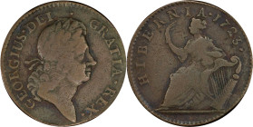 1723 Wood's Hibernia Halfpenny. Martin 4.82-Gc.14, W-13120. Rarity-4. VF Details--Cleaned (PCGS).
102.2 grains.
PCGS# 920907. NGC ID: F7J4.
From th...