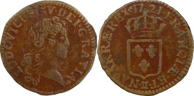 1721-)( Liard au buste enfantin. John Law Issue. Besançon Mint. Gadoury-270, Hodder-1, Anton-Kesse pp. 46-50. VF-20 (PCGS).
37.4 grains.
PCGS# 22775...