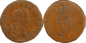 1721-)( Liard au buste enfantin. John Law Issue. Besançon Mint. Gadoury-270, Hodder-1, Anton-Kesse pp. 46-50. Louis VX. Fine-12 (PCGS).
42.0 grains....