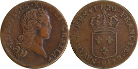 1720-B Sol au buste enfantin. John Law Issue. Rouen Mint. Gadoury-276, Hodder-3, Anton-Kesse pp. 46-50. VF-35 (PCGS).
176.4 grains.
PCGS# 227175.
F...