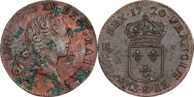 1720-S Sol au buste enfantin. John Law Issue. Reims Mint. Gadoury-276, Hodder-3, Anton-Kesse pp. 46-50. About Uncirculated, Environmental Damage.
173...