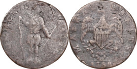 Contemporary Cast Counterfeit 1788 Massachusetts Cent. Ryder 2-B, W-6200. Rarity-4- (for the struck variety). Period After MASSACHUSETTS. Fine, Damage...