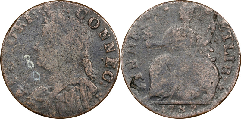 1787 Connecticut Copper. Miller 8-O, W-2840. Rarity-3. Mailed Bust Left, Tallest...