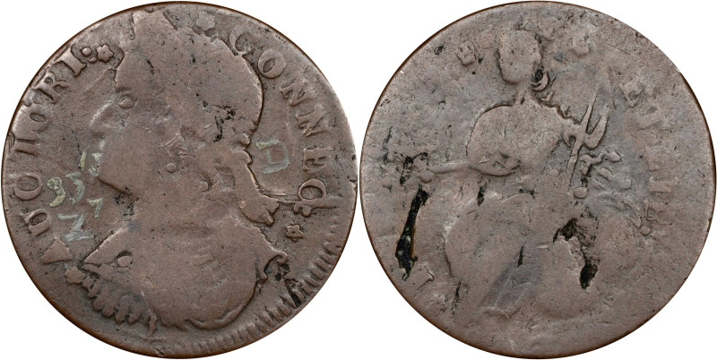 1787 Connecticut Copper. Miller 33.13-Z.7, W-3560. Rarity-5. Draped Bust Left. F...