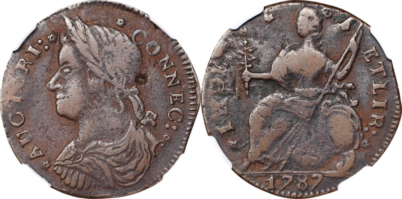 1787 Connecticut Copper. Miller 33.29-gg.1, W-3810. Rarity-5. Draped Bust Left, ...